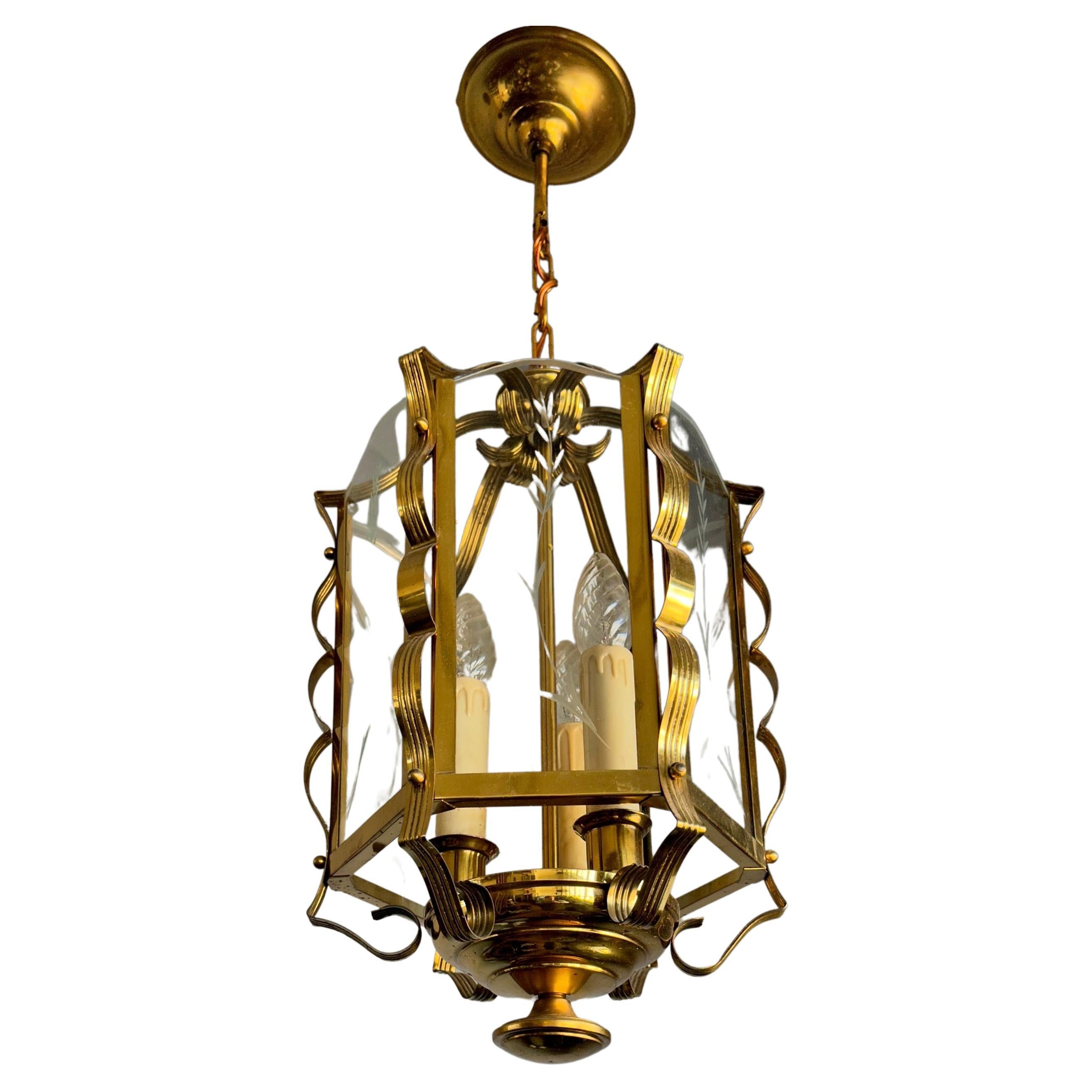 Stylish Design Arts & Crafts Brass, Engraved Glass Lantern Pendant Light Fixture For Sale