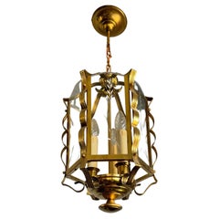 Antique Stylish Dutch Arts & Crafts Brass & Engraved Wheat Glass Lantern / Pendant Light