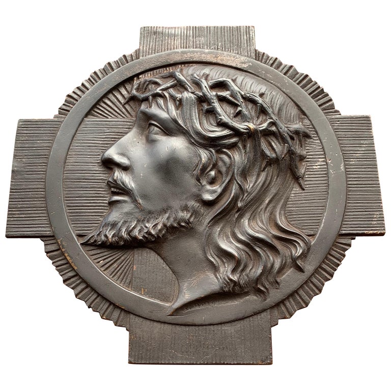 Stylish Early 1900s Art Deco Bronze Wall Plaque of Jesus Christ by S. Norga For Sale
