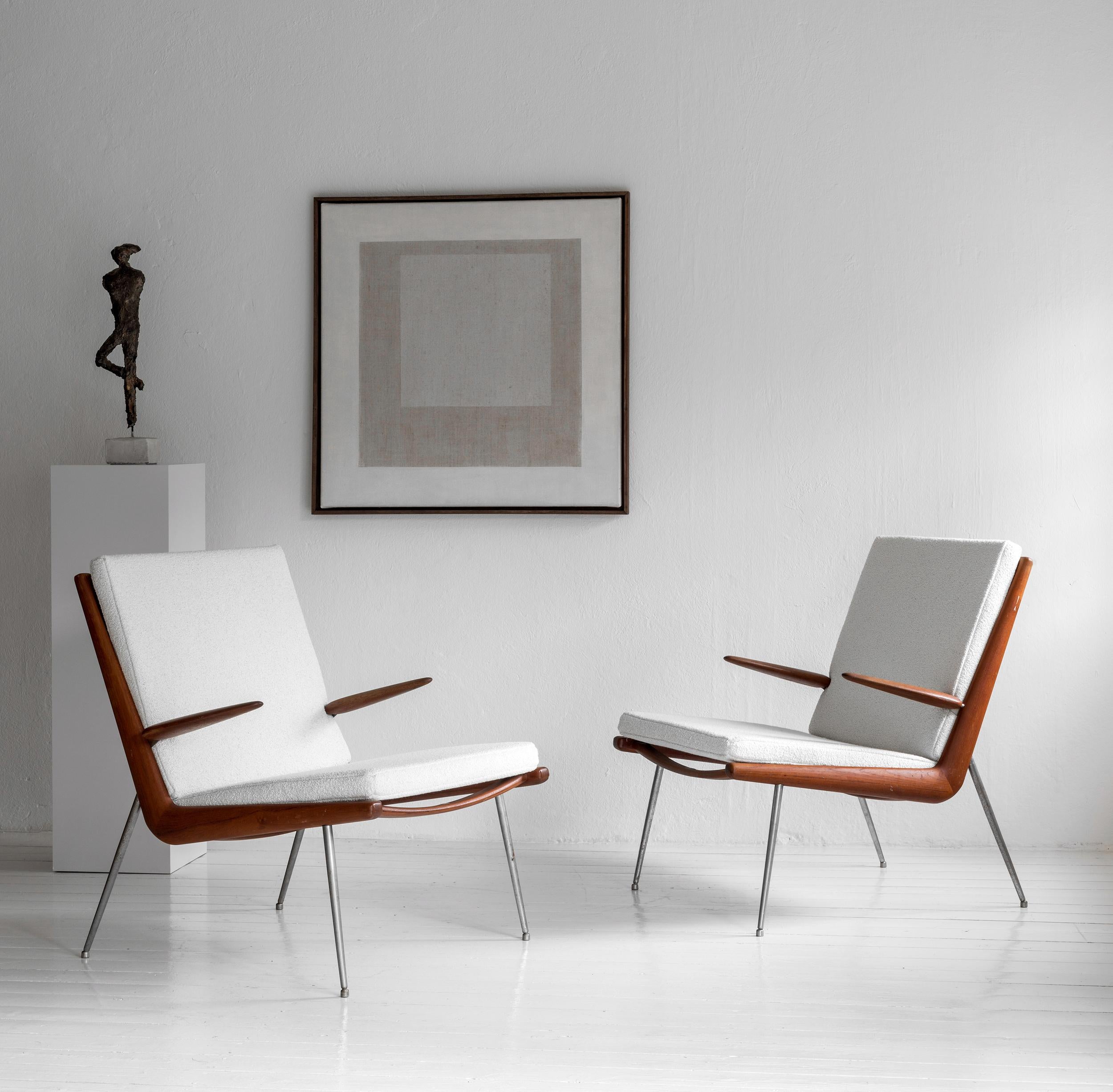 Bouclé Élégante paire de fauteuils Boomerang de Peter Hvidt et Orla Molgaard-Nielsen en vente