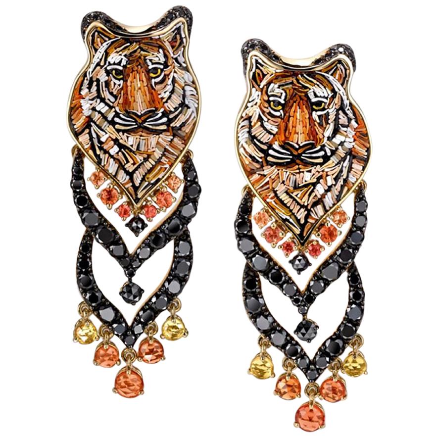 Stylish Earrings Gold Black Diamonds Sapphires Hand Decorated with Micro Mosaic