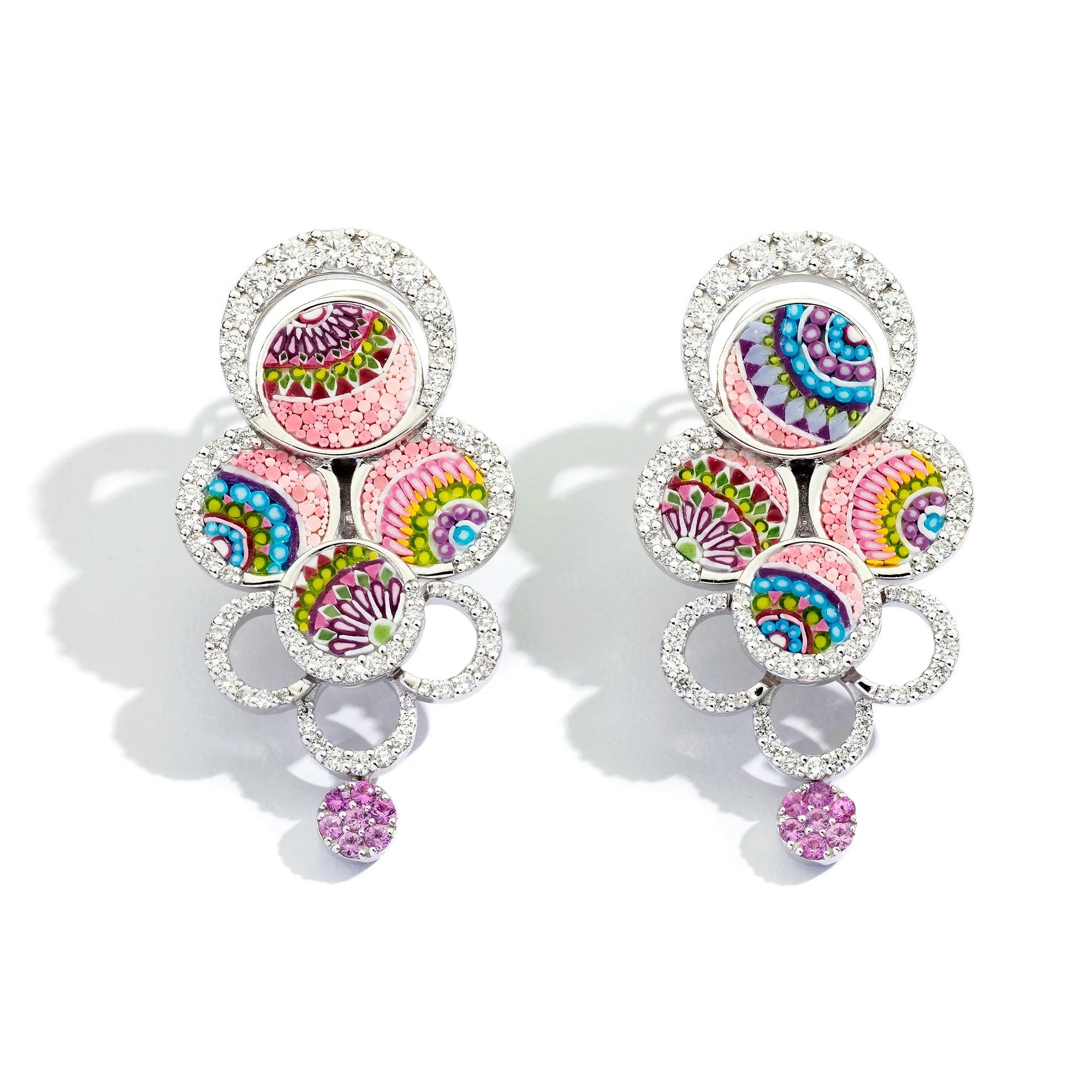 Contemporary Stylish Earrings in White Gold White Diamonds Hand Decorated with Micro Mosaic For Sale