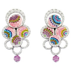 Stylish Earrings in White Gold White Diamonds Hand Decorated with Micro Mosaic