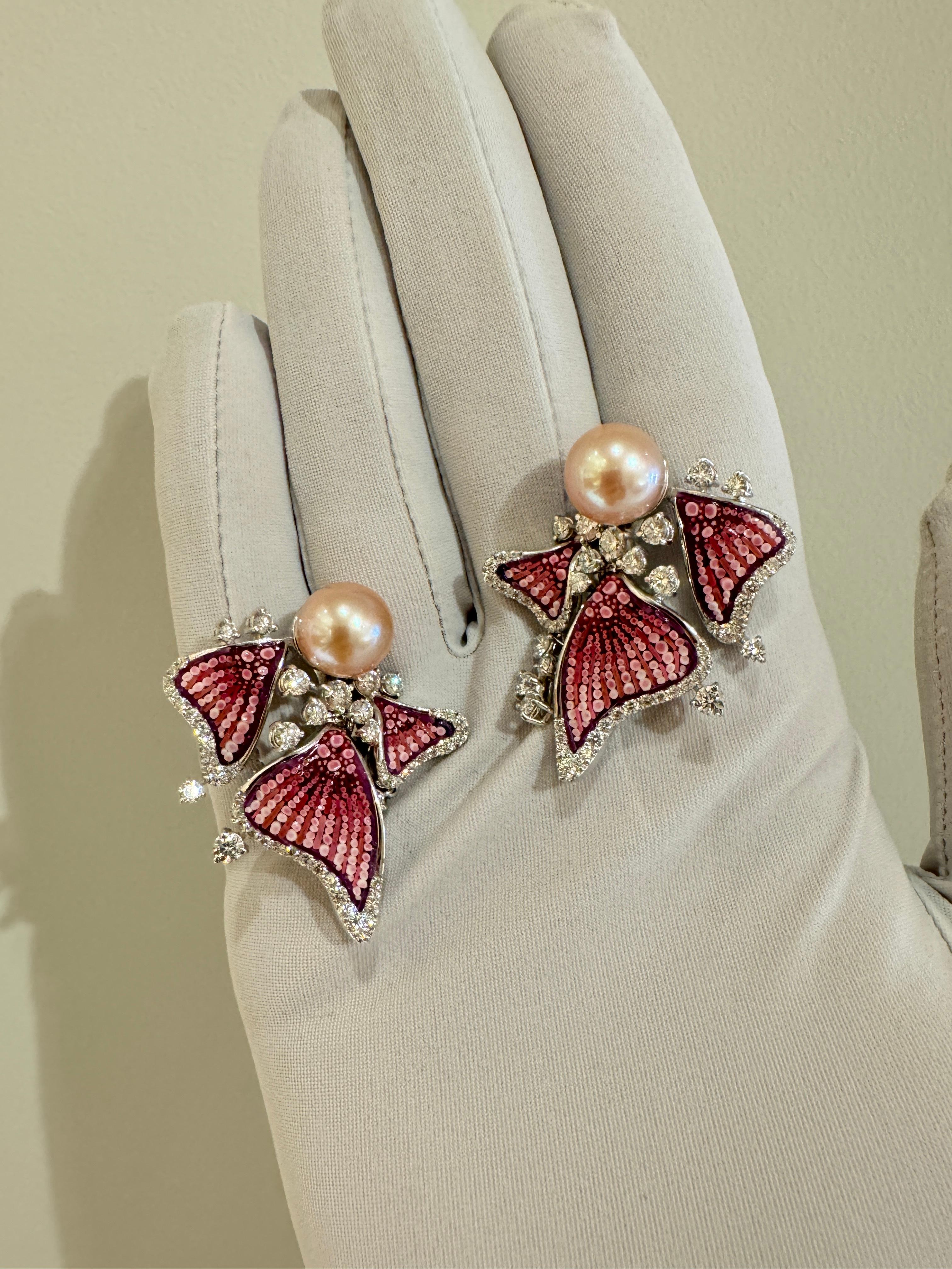 Modern Stylish Earrings in White Gold, White Diamonds, Pearl and Micromosaic For Sale
