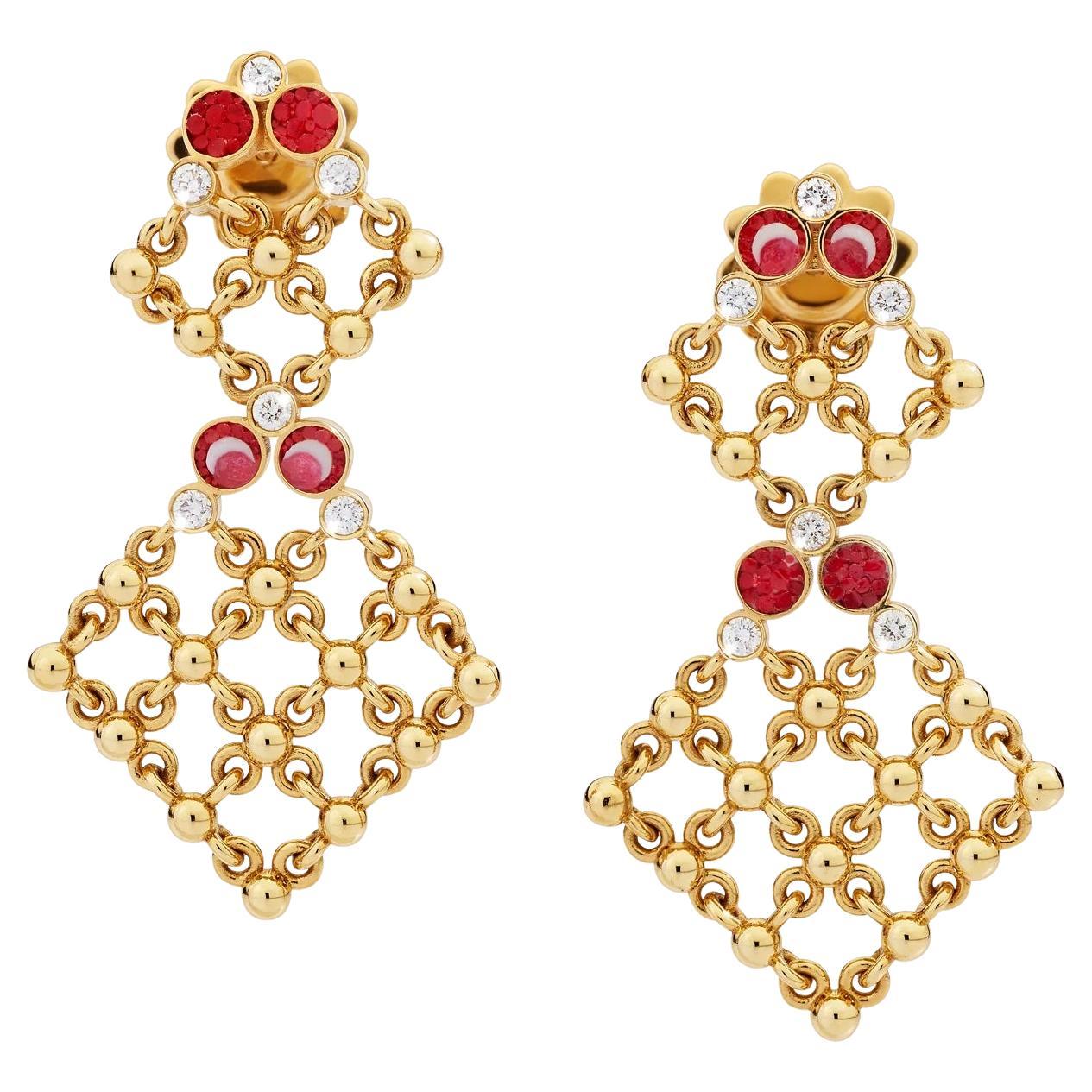 Stylish Earrings in Yellow Gold White Diamonds Hand Decorated with Micro Mosaic