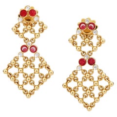 Stylish Earrings in Yellow Gold White Diamonds Hand Decorated with Micro Mosaic