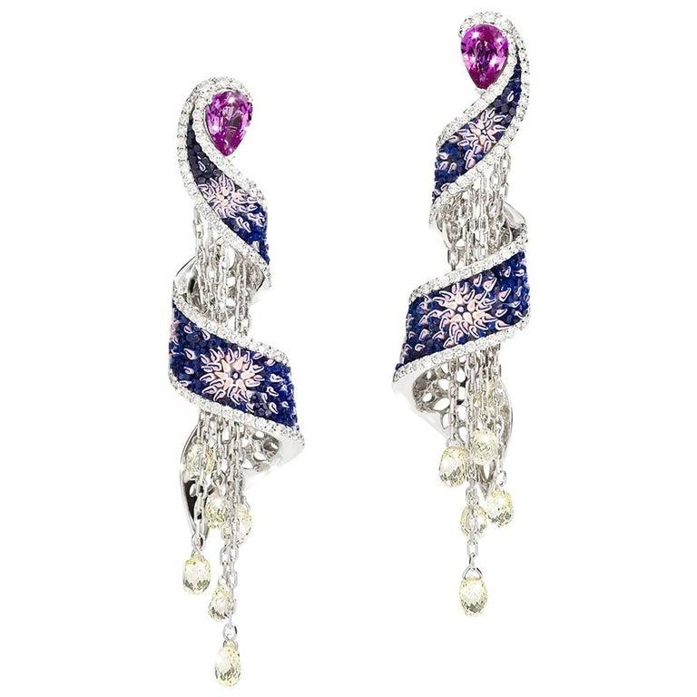 Contemporary Earrings Pink Sapphire White Gold Chain Chandelier Briolette Diamonds Nanomosaic For Sale