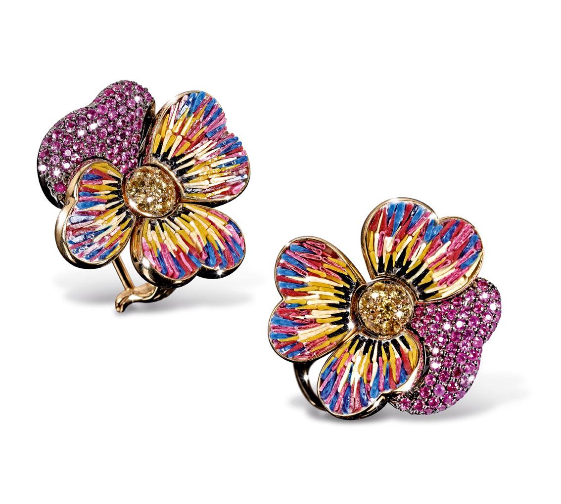 Brilliant Cut Stylish Earrings Pink & Yellow Sapphires Yellow Gold Hand Decorated Micromosaic For Sale