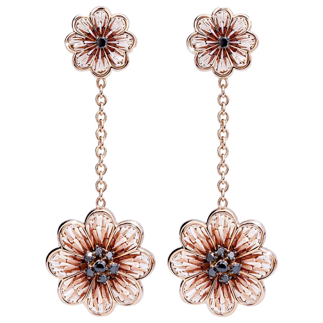 Stylish Earrings Rose Gold Black Diamonds Hand Decorated with Micro Mosaic For Sale