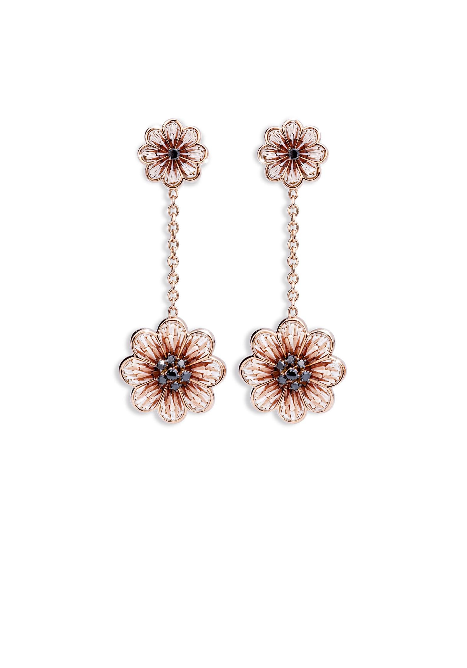 Brilliant Cut Stylish Earrings Rose Gold Black Diamonds Hand Decorated with Micro Mosaic For Sale