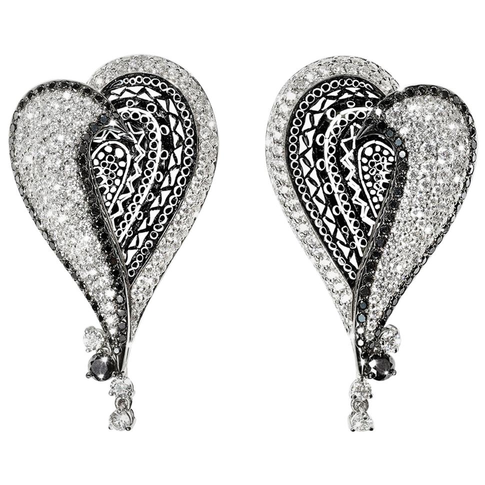 Stylish Earrings White and Black Diamonds White Gold Hand Decorated Micromosaic