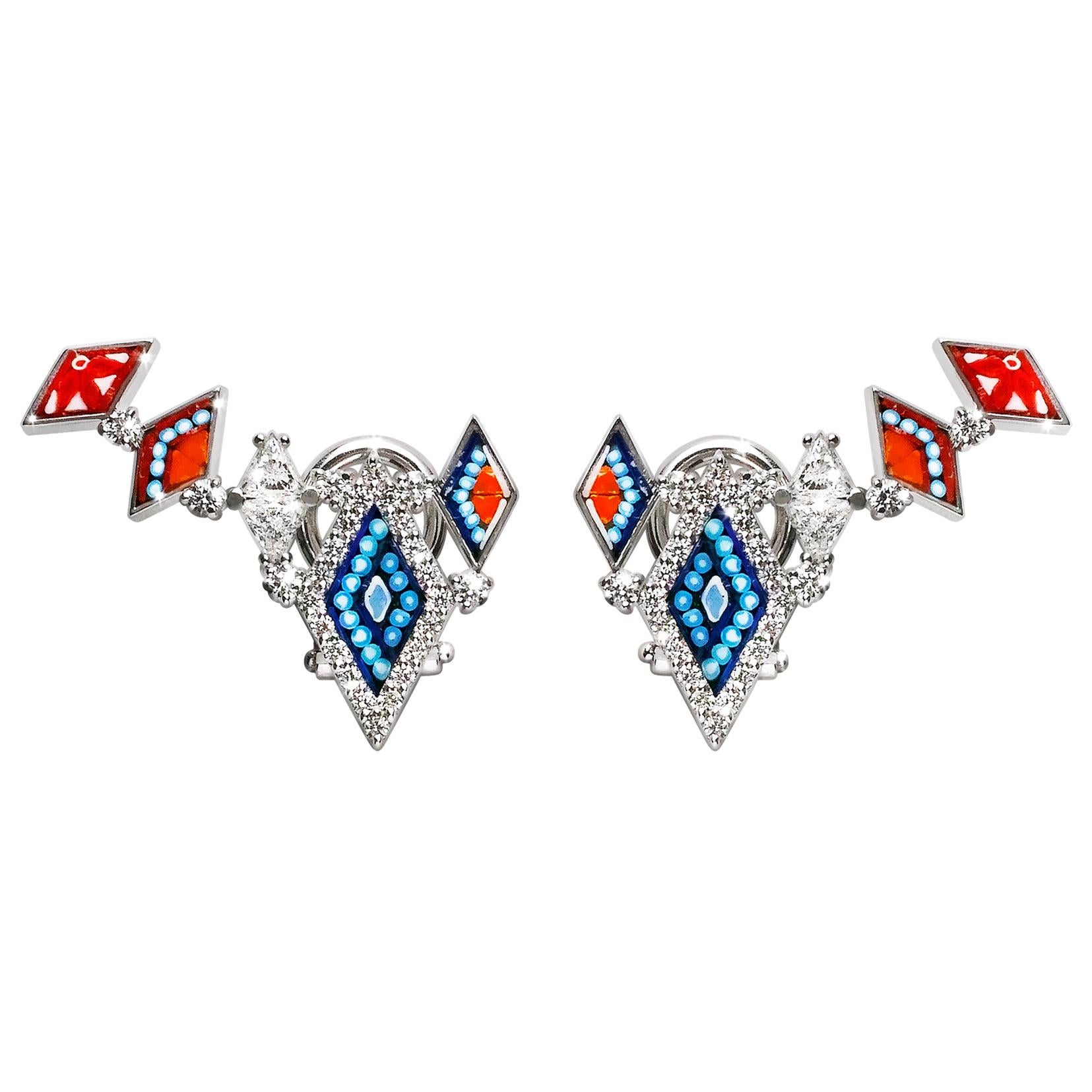 Stylish Earrings White Diamonds White Gold Hand Decorated with Micromosaic For Sale