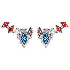 Stylish Earrings White Diamonds White Gold Hand Decorated with Micromosaic