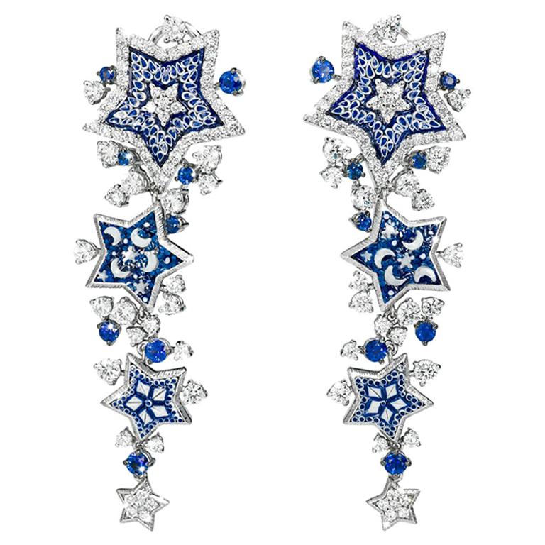 Stylish Earrings White Gold White Diamonds Blue Sapphires Decorated Nano Mosaic For Sale