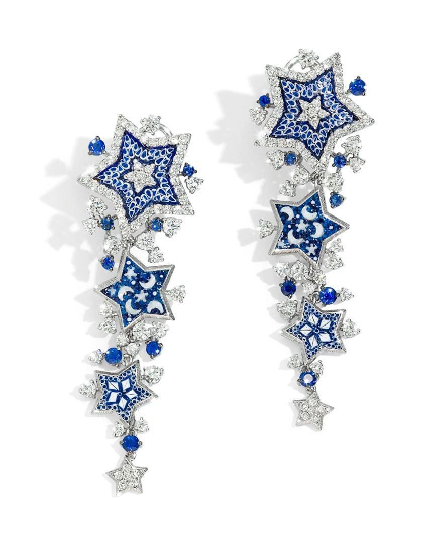 Brilliant Cut Stylish Earrings White Gold White Diamonds Blue Sapphires Decorated Nano Mosaic For Sale