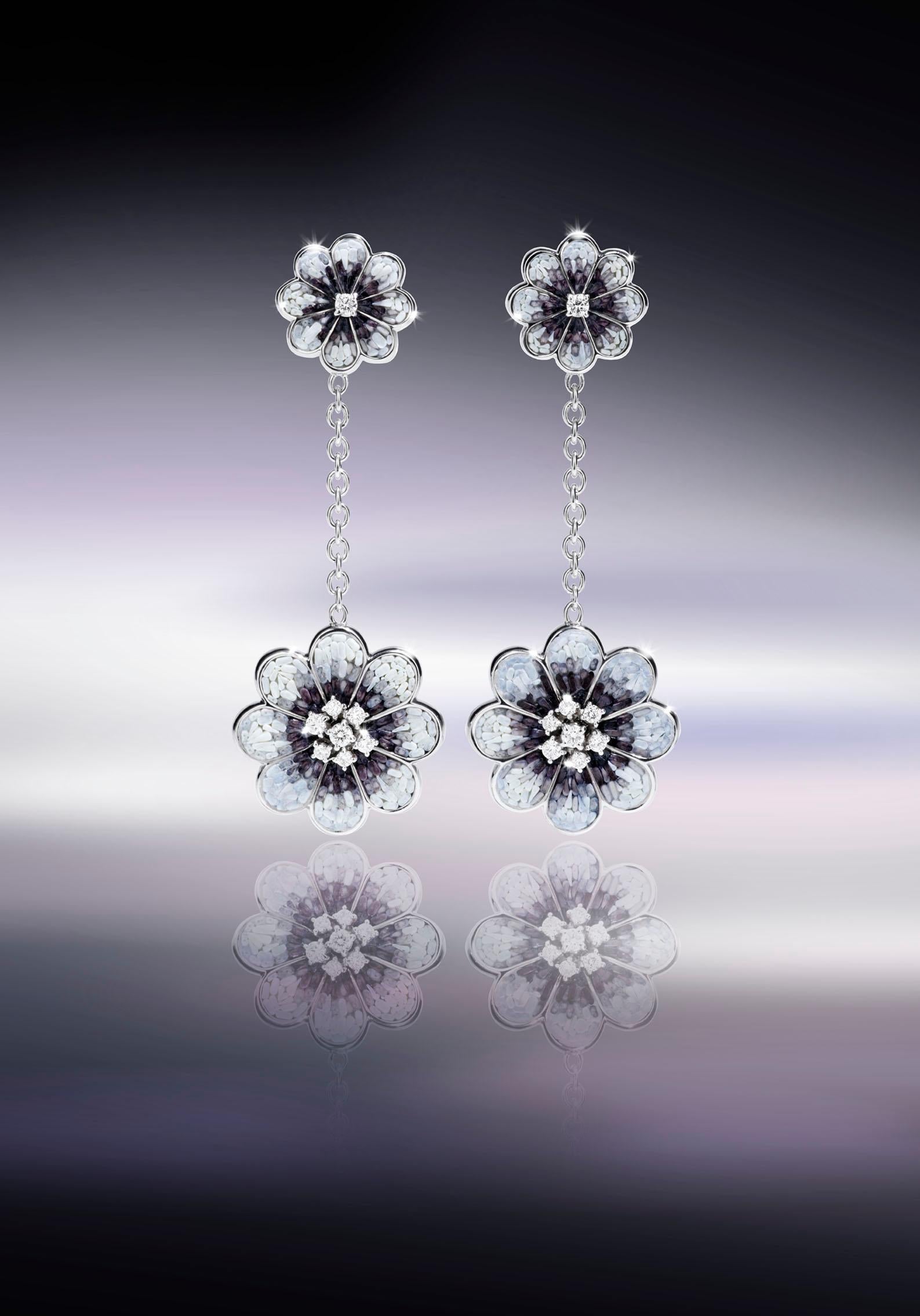 Brilliant Cut Stylish Earrings White Gold White Diamonds Hand Decoated with Micro Mosaic For Sale