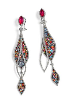 Sicis Jewels 18K White Gold Diamond Ruby Micro Mosaic Drop Earrings