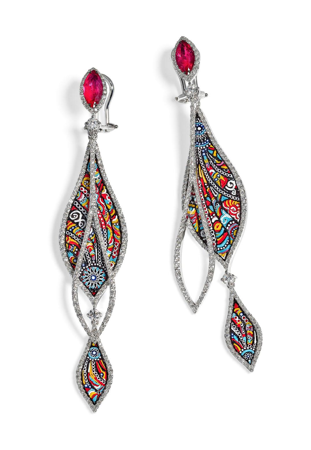 Marquise Cut Stylish Earrings White Gold White Diamonds Ruby Hand Decorated with NanoMosaic For Sale
