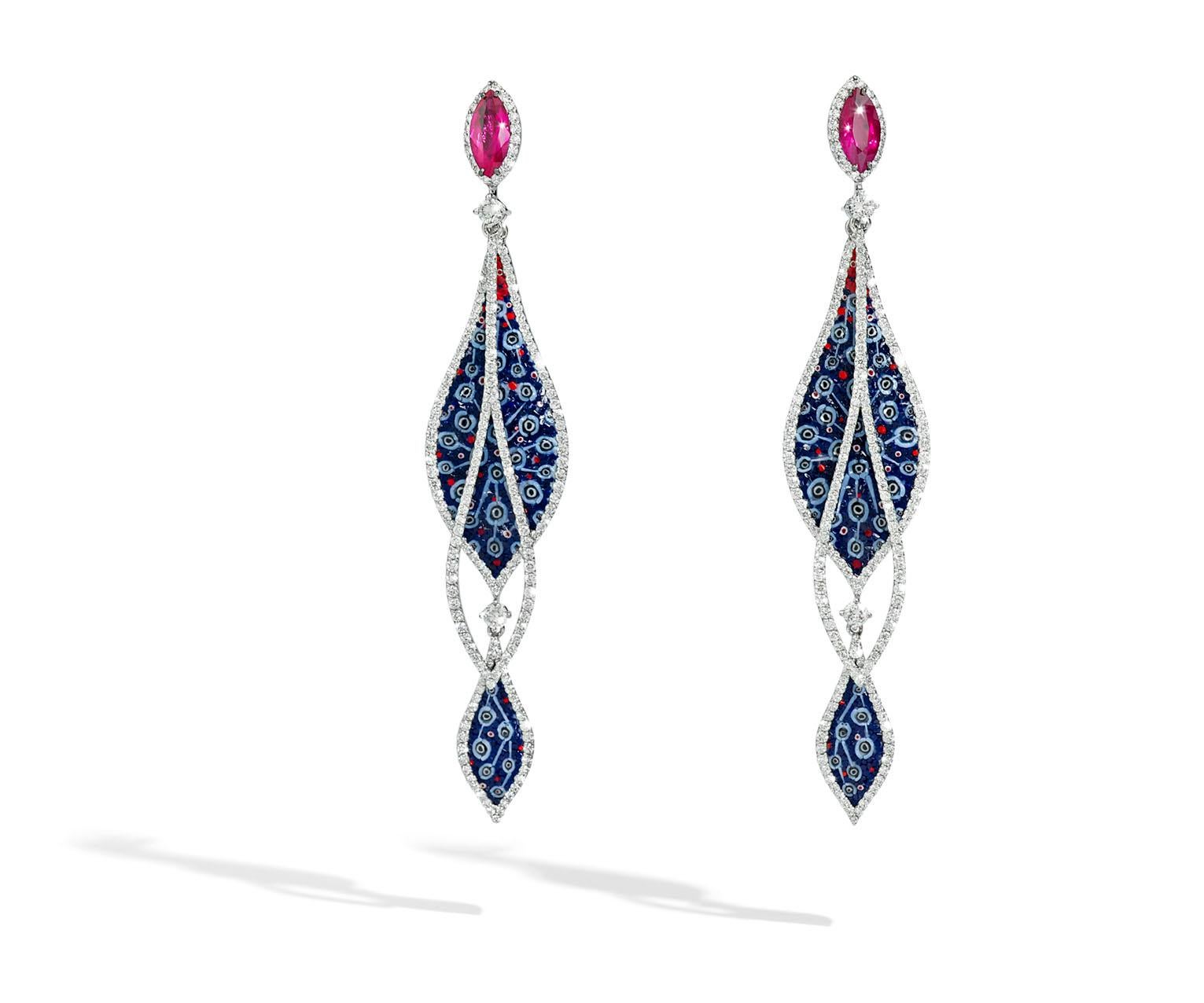 Modern Stylish Earrings White Gold White Diamonds Ruby Hand Decorated with NanoMosaic For Sale