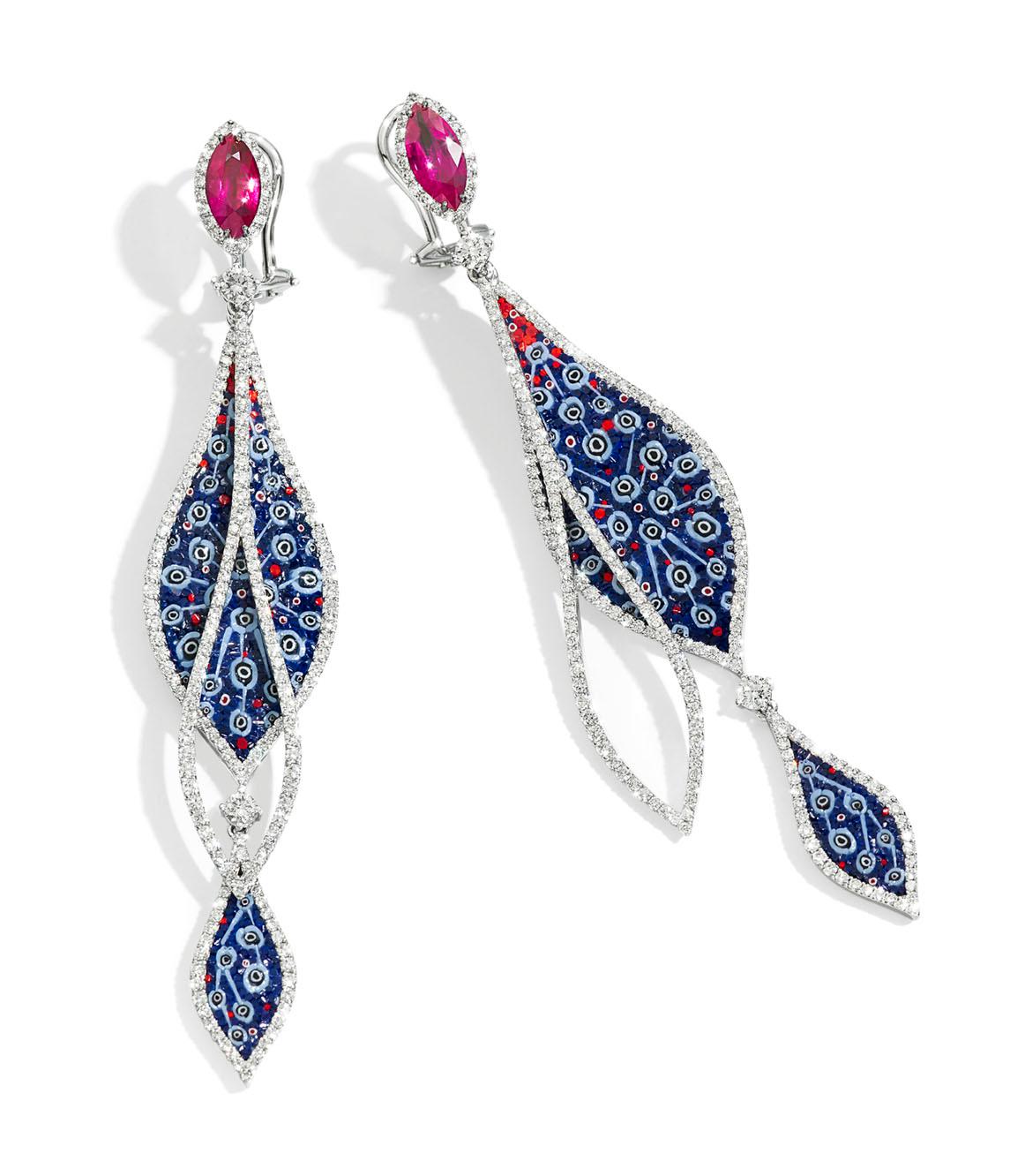 Marquise Cut Stylish Earrings White Gold White Diamonds Ruby Hand Decorated with NanoMosaic For Sale