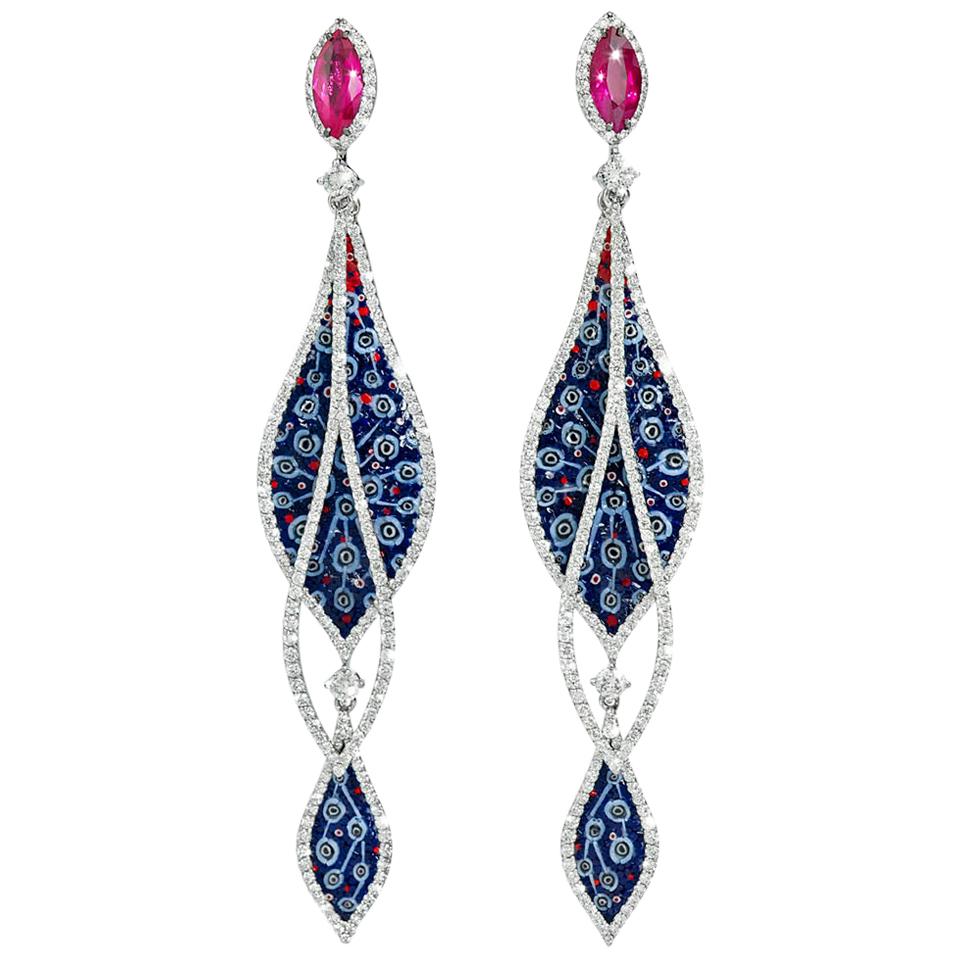 Stylish Earrings White Gold White Diamonds Ruby Hand Decorated with NanoMosaic For Sale