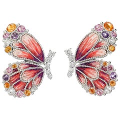 Handdekorierte Mikromosaik-Ohrringe, Weißgold, weiße Diamanten, Saphire