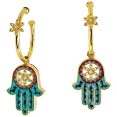 Stylish Earrings Yellow Gold White Diamonds Hand Decorated with Micro Mosaic