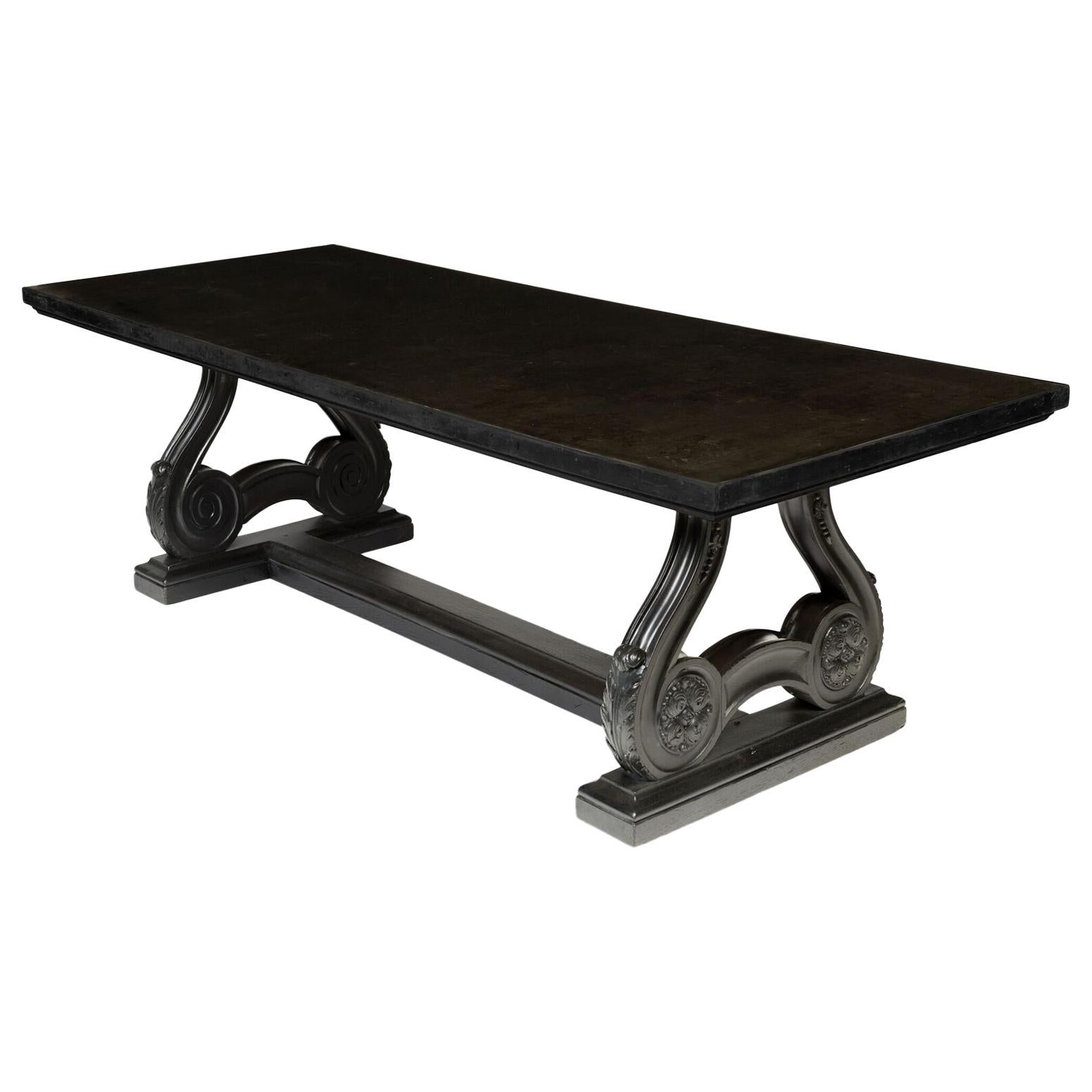 Stylish Ebonised Oak Table, Black Mirror Top French circa 1940, Lyre Design For Sale