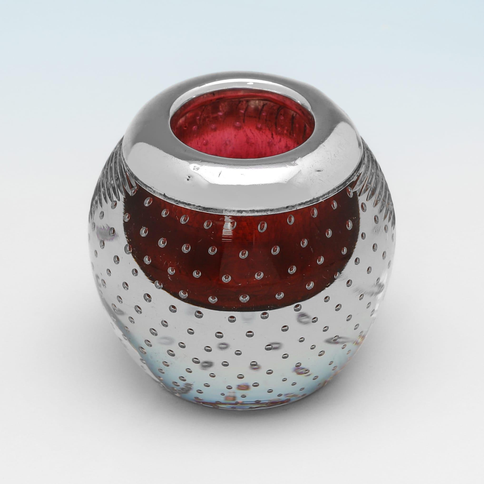 Hallmarked in London in 1903, this stylish, Antique, Edwardian, Sterling Silver Match Strike, features a red glass interior, and a plain silver mount. The match strike measures 2