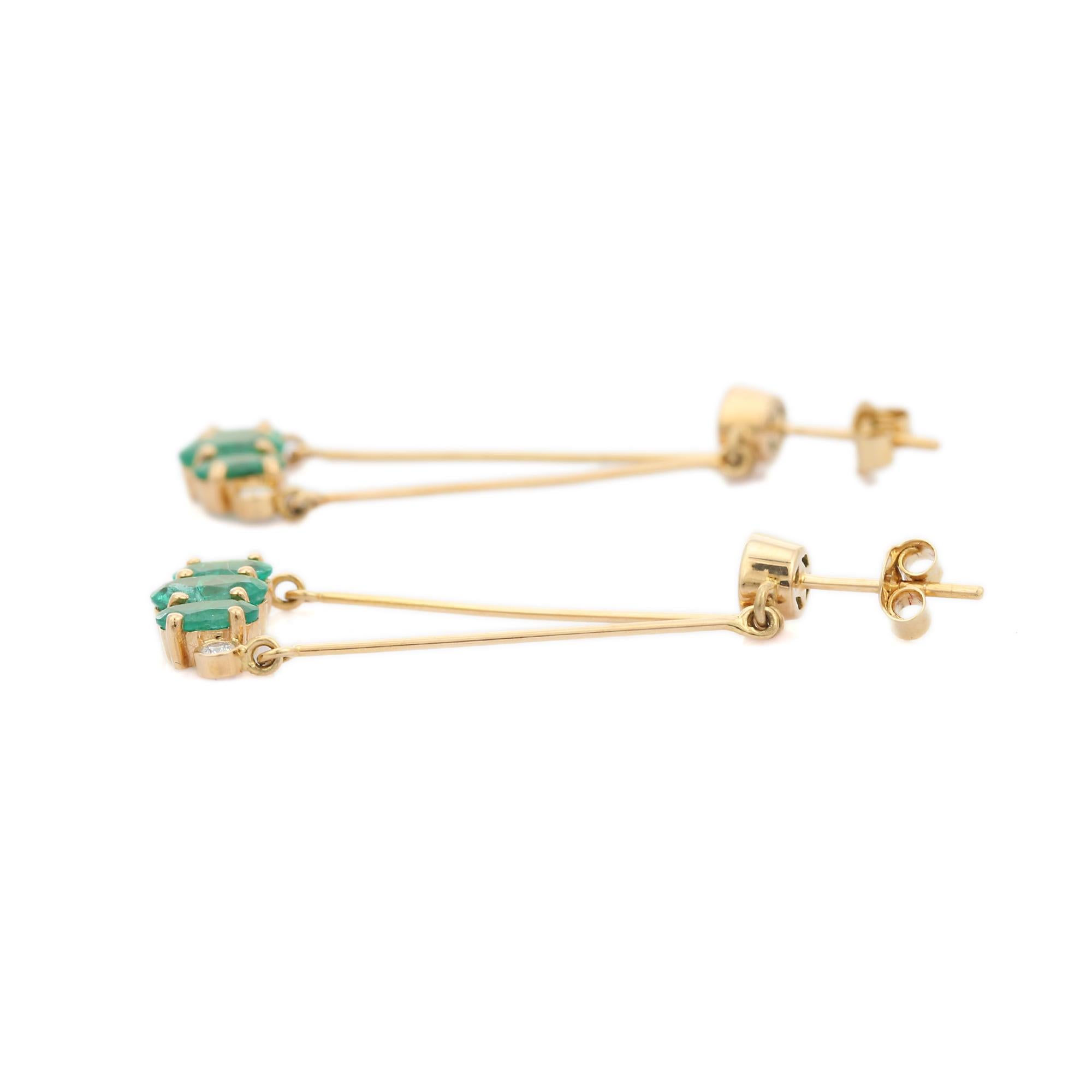 Mixed Cut Stylish emerald Chain Dangle Earrings with Diamond in 18k Solid Yellow Gold For Sale