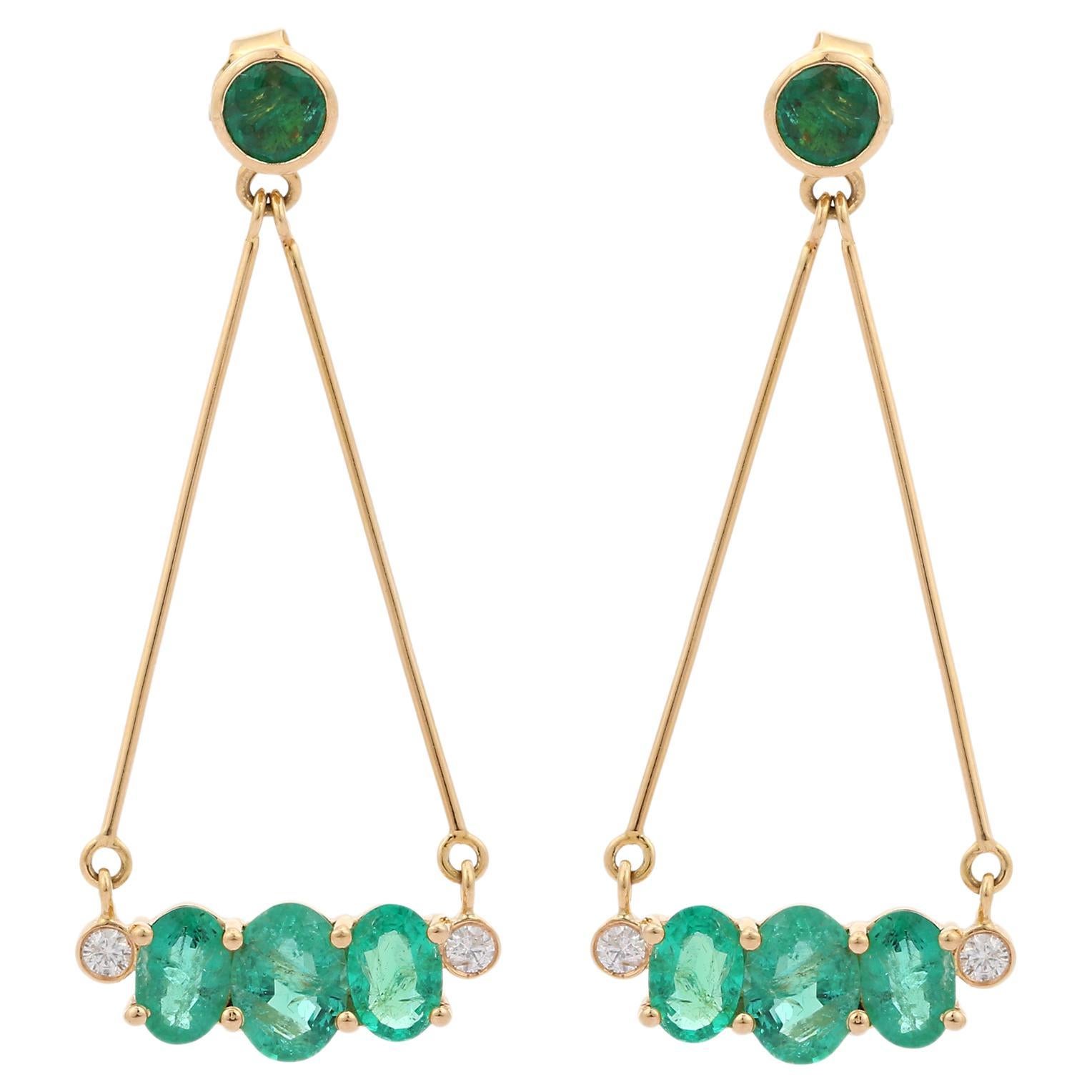 Stylish emerald Chain Dangle Earrings with Diamond in 18k Solid Yellow Gold