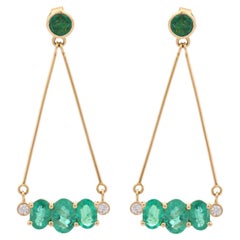 Stylish emerald Chain Dangle Earrings with Diamond in 18k Solid Yellow Gold