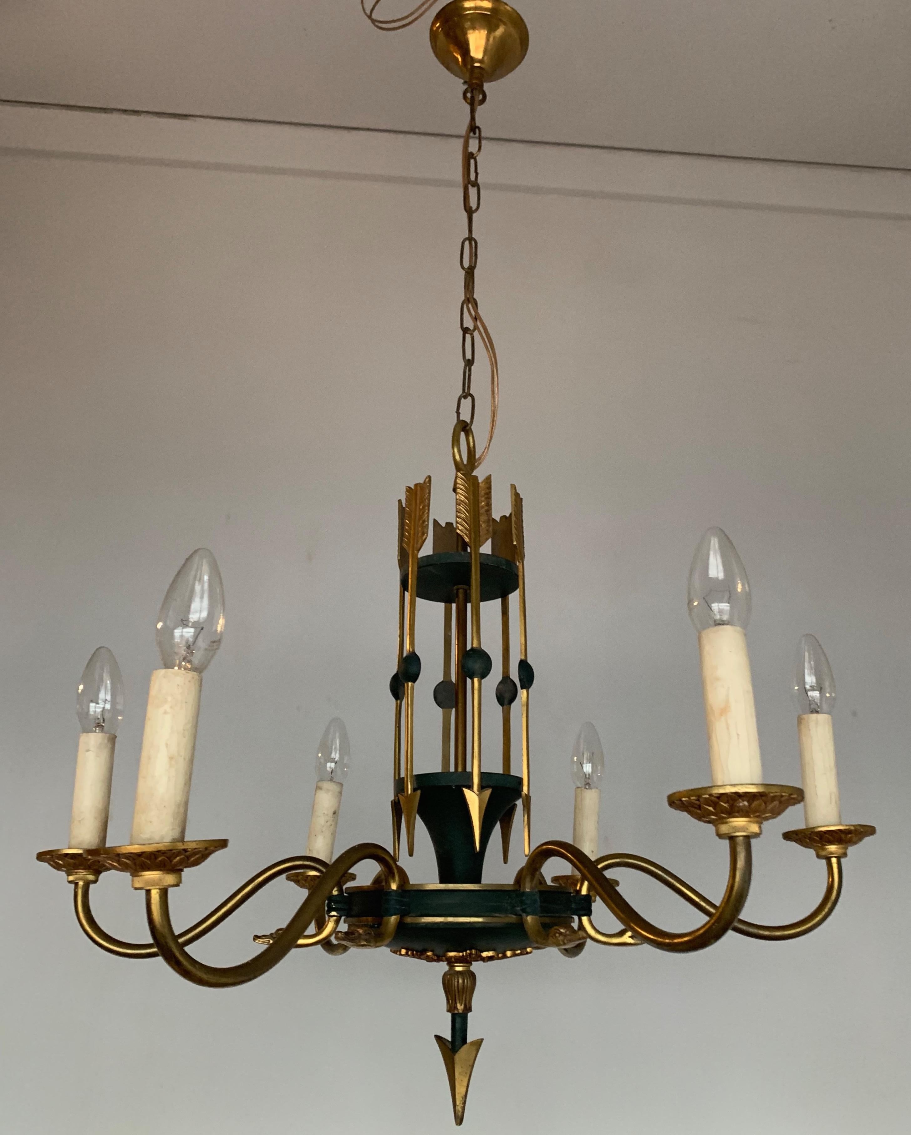 Stylish Empire Revival Six-Light Pendant Chandelier with Swan Heads and Arrows For Sale 6
