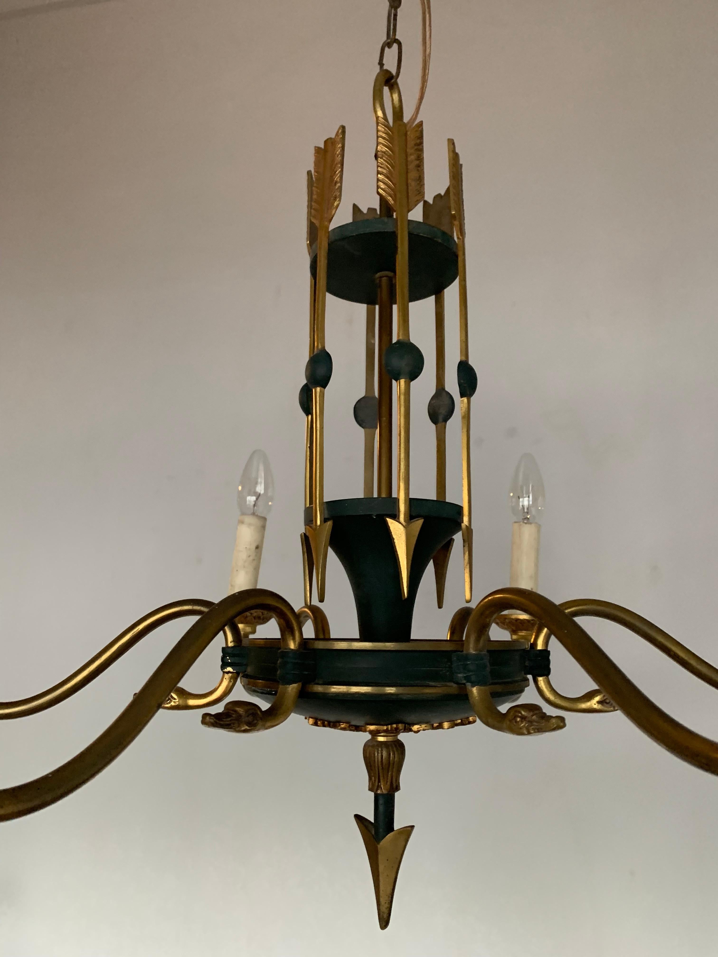 Stylish Empire Revival Six-Light Pendant Chandelier with Swan Heads and Arrows For Sale 10