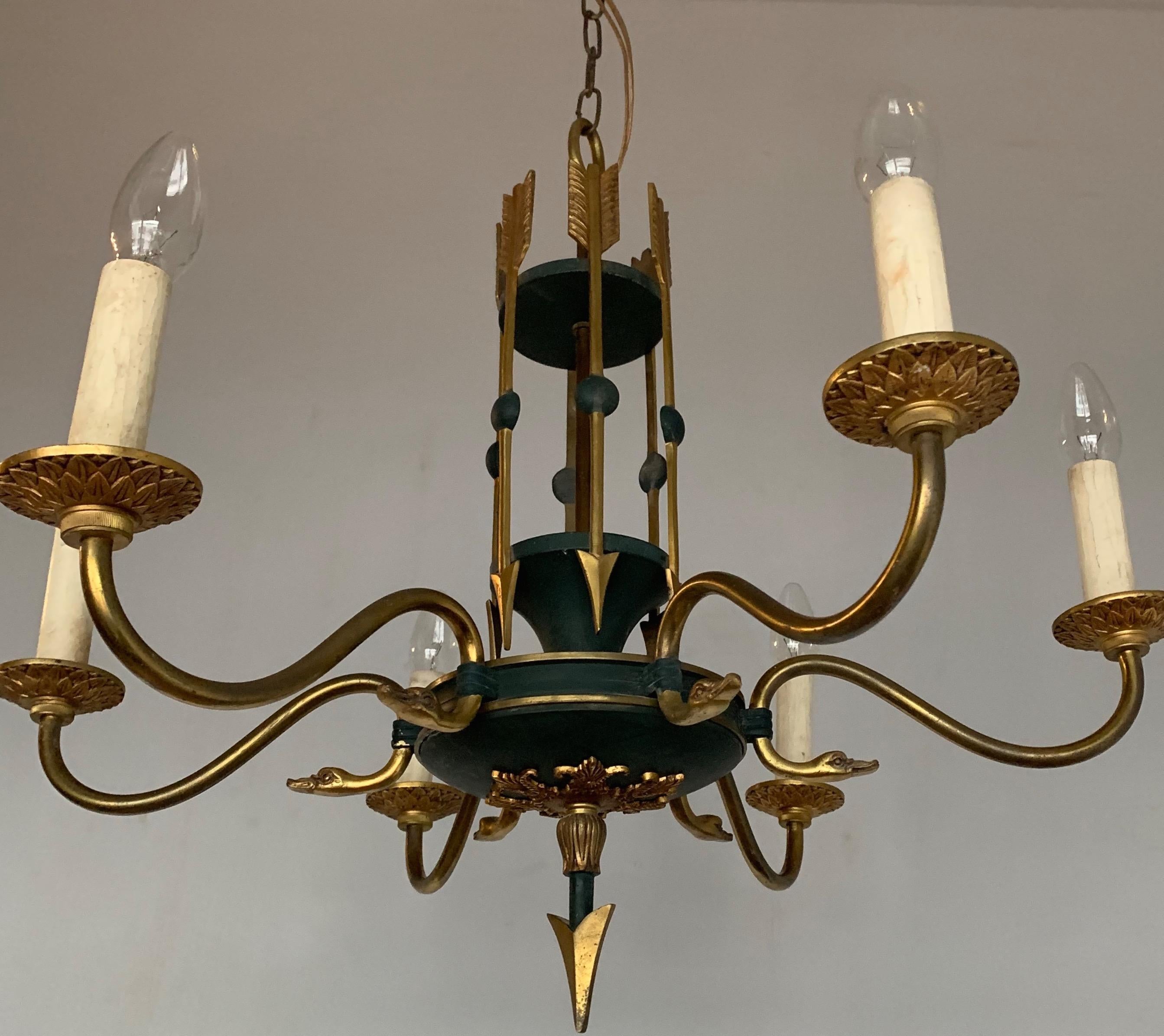 Stylish Empire Revival Six-Light Pendant Chandelier with Swan Heads and Arrows For Sale 11