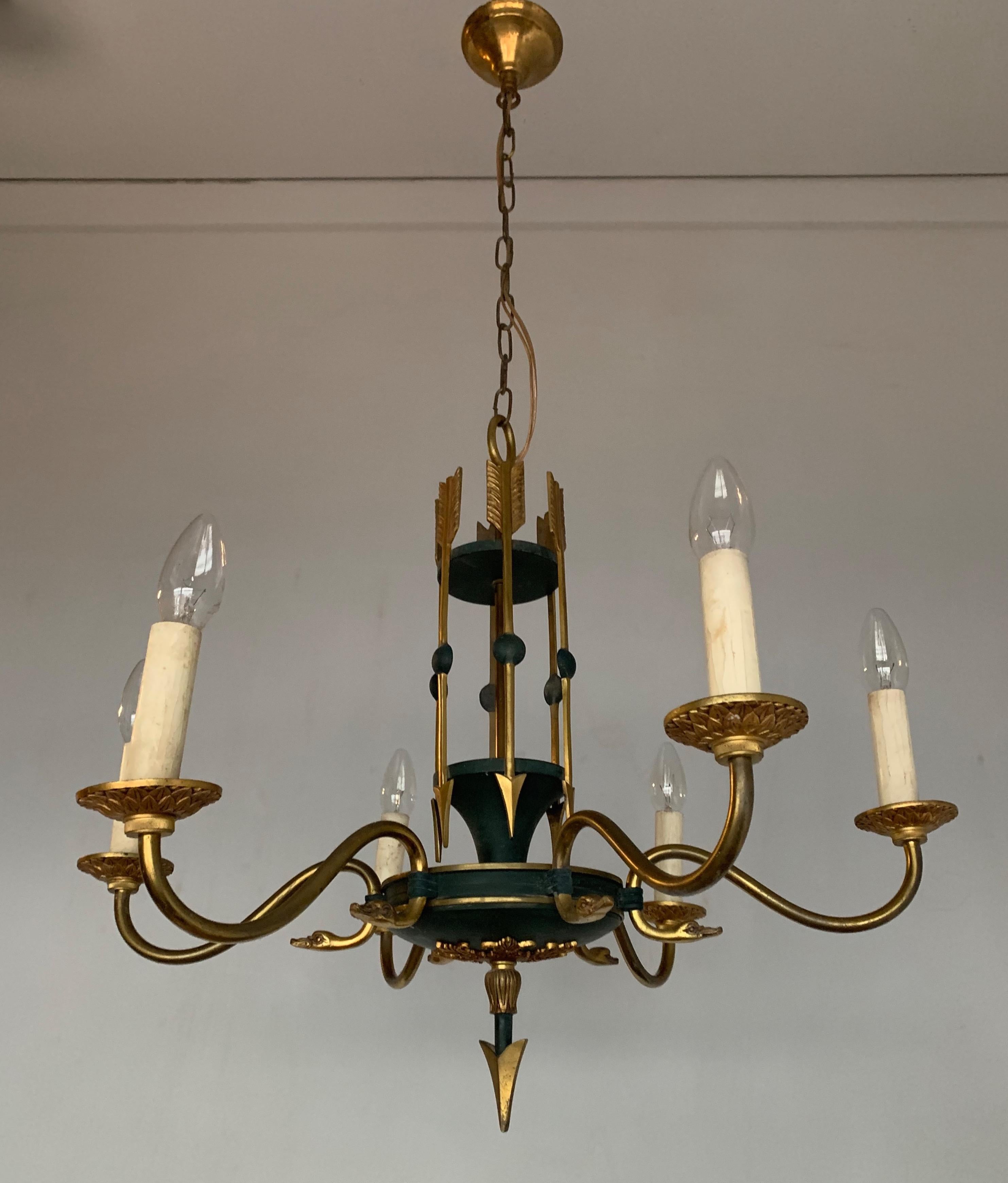Stylish Empire Revival Six-Light Pendant Chandelier with Swan Heads and Arrows For Sale 12