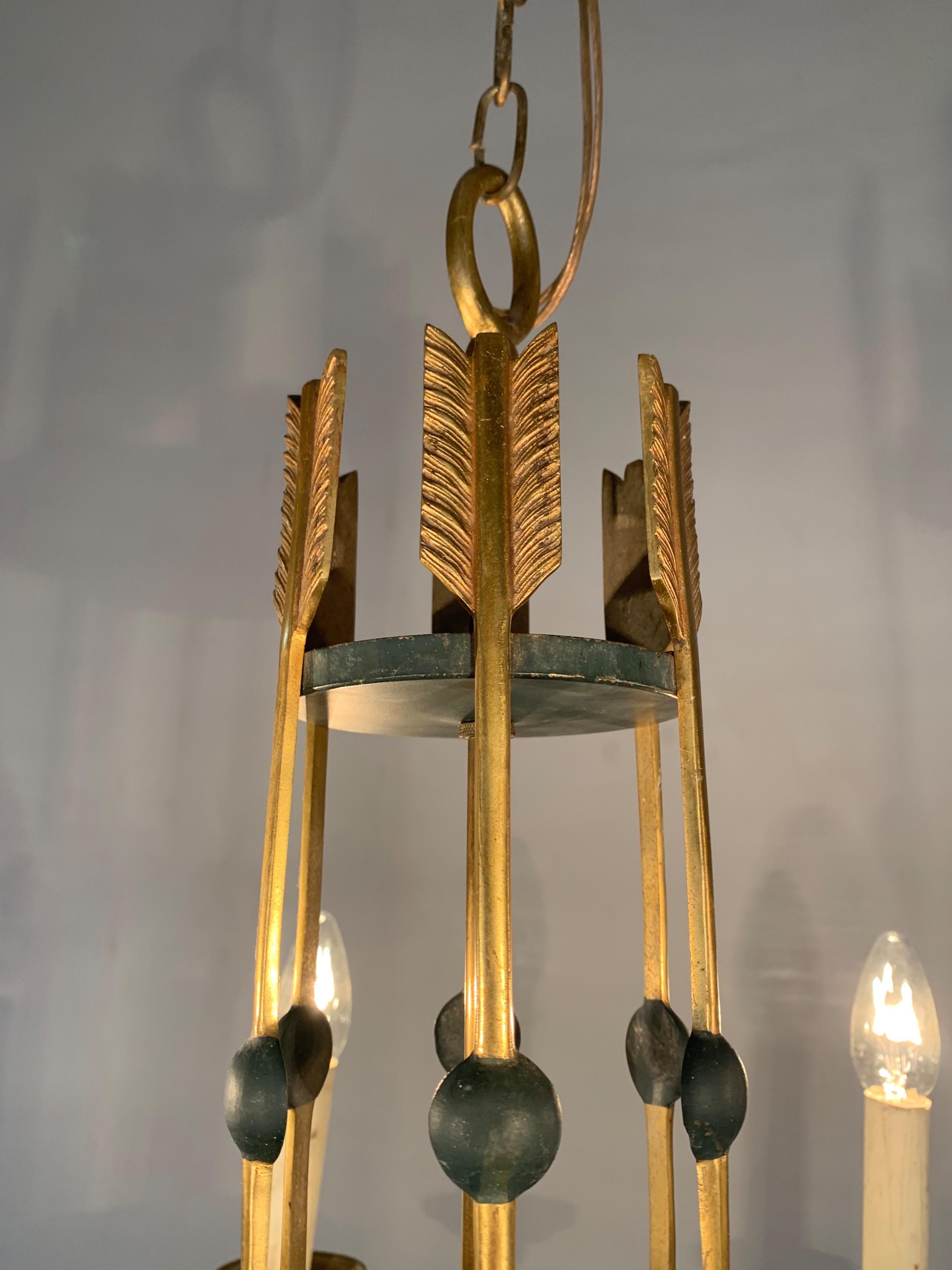 20th Century Stylish Empire Revival Six-Light Pendant Chandelier with Swan Heads and Arrows For Sale