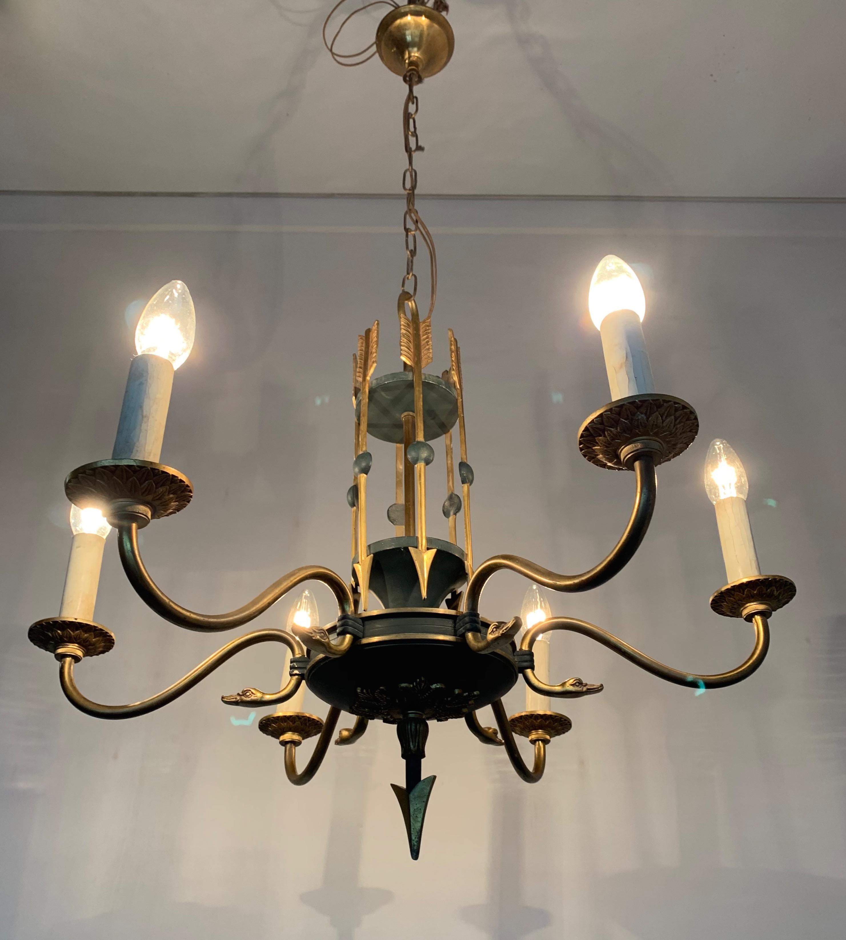 Brass Stylish Empire Revival Six-Light Pendant Chandelier with Swan Heads and Arrows For Sale