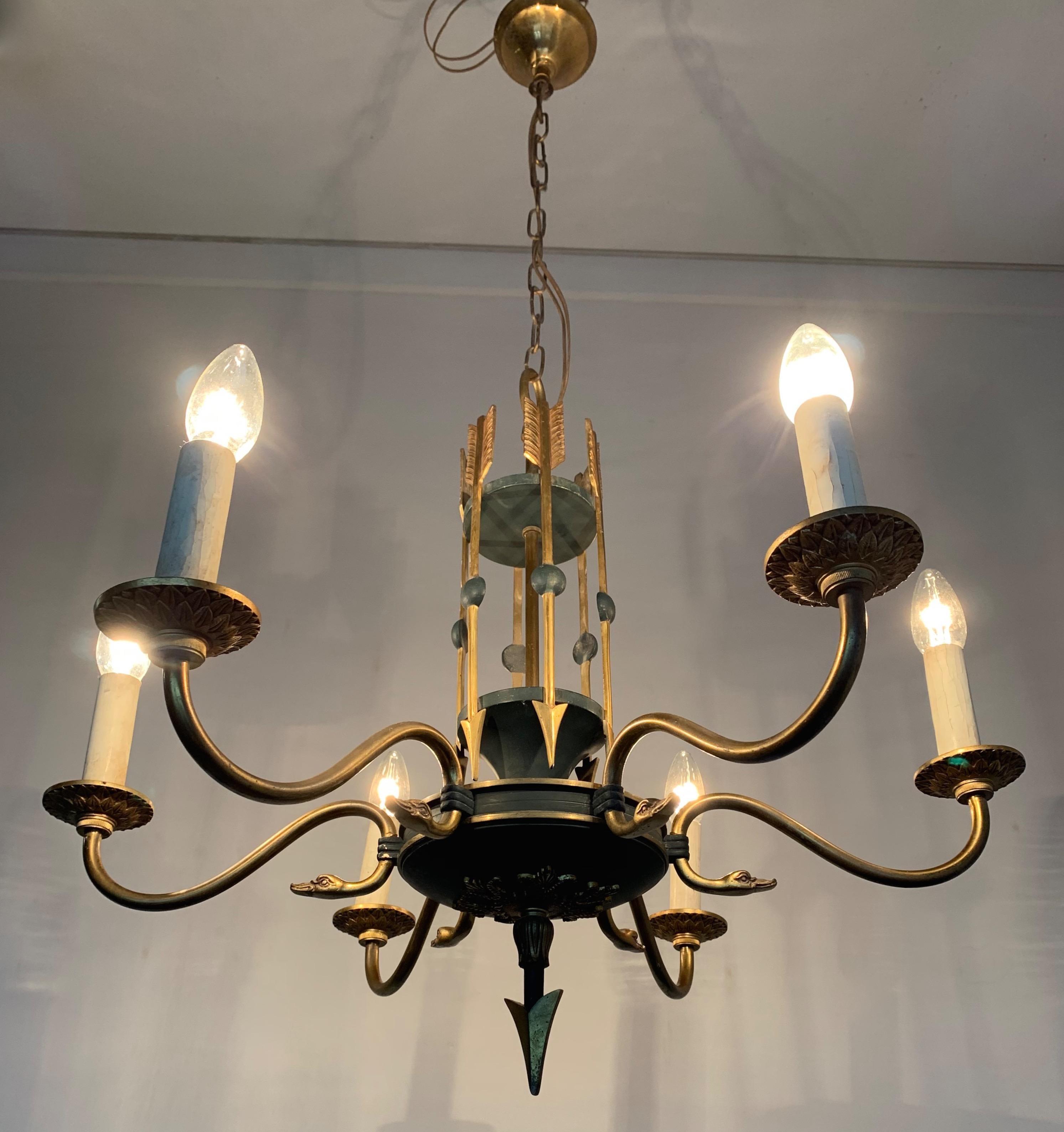 Stylish Empire Revival Six-Light Pendant Chandelier with Swan Heads and Arrows For Sale 2