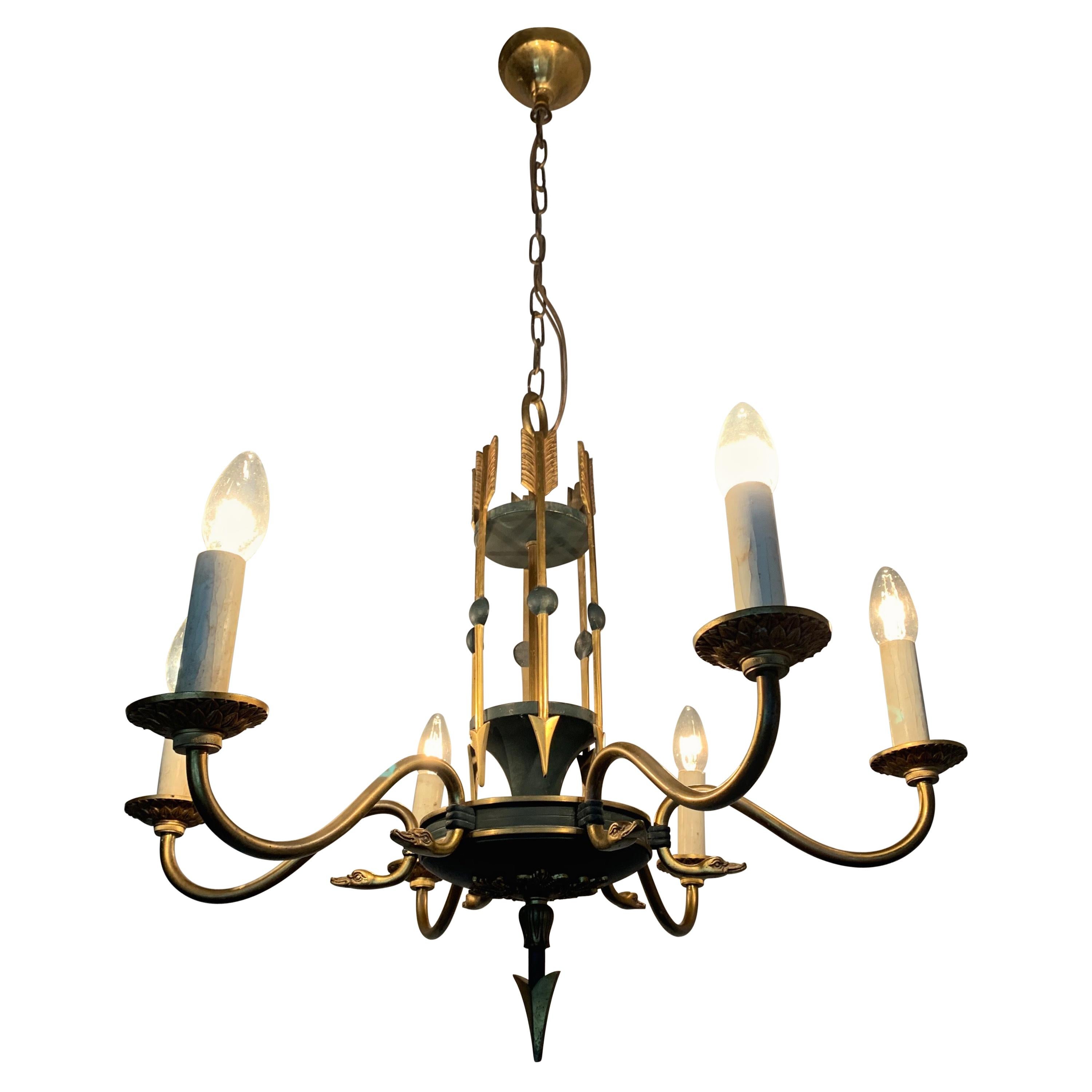 Stylish Empire Revival Six-Light Pendant Chandelier with Swan Heads and Arrows