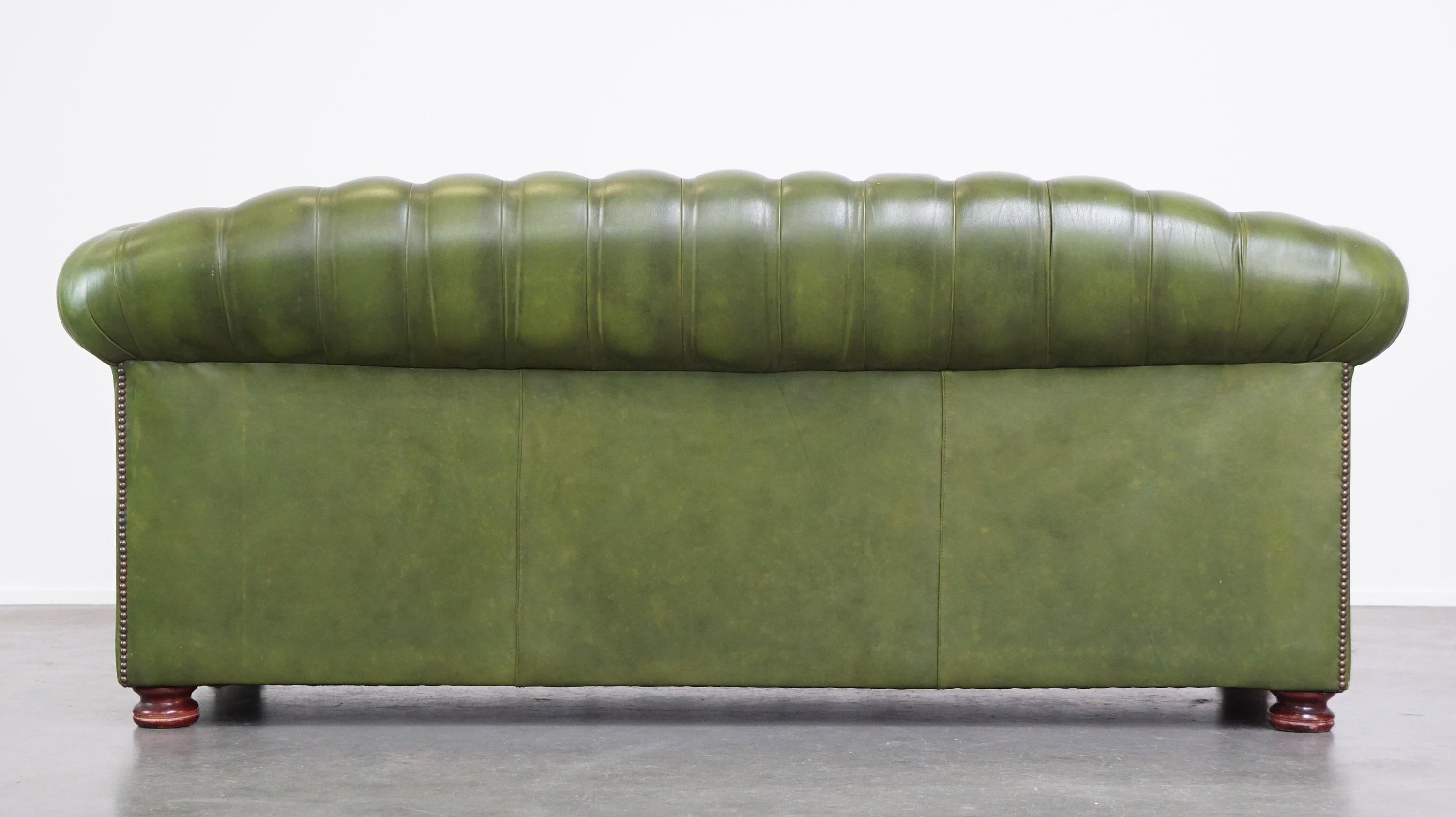 Stylish, English green cow leather spacious 2.5 seater chesterfield sofa In Fair Condition For Sale In Harderwijk, NL