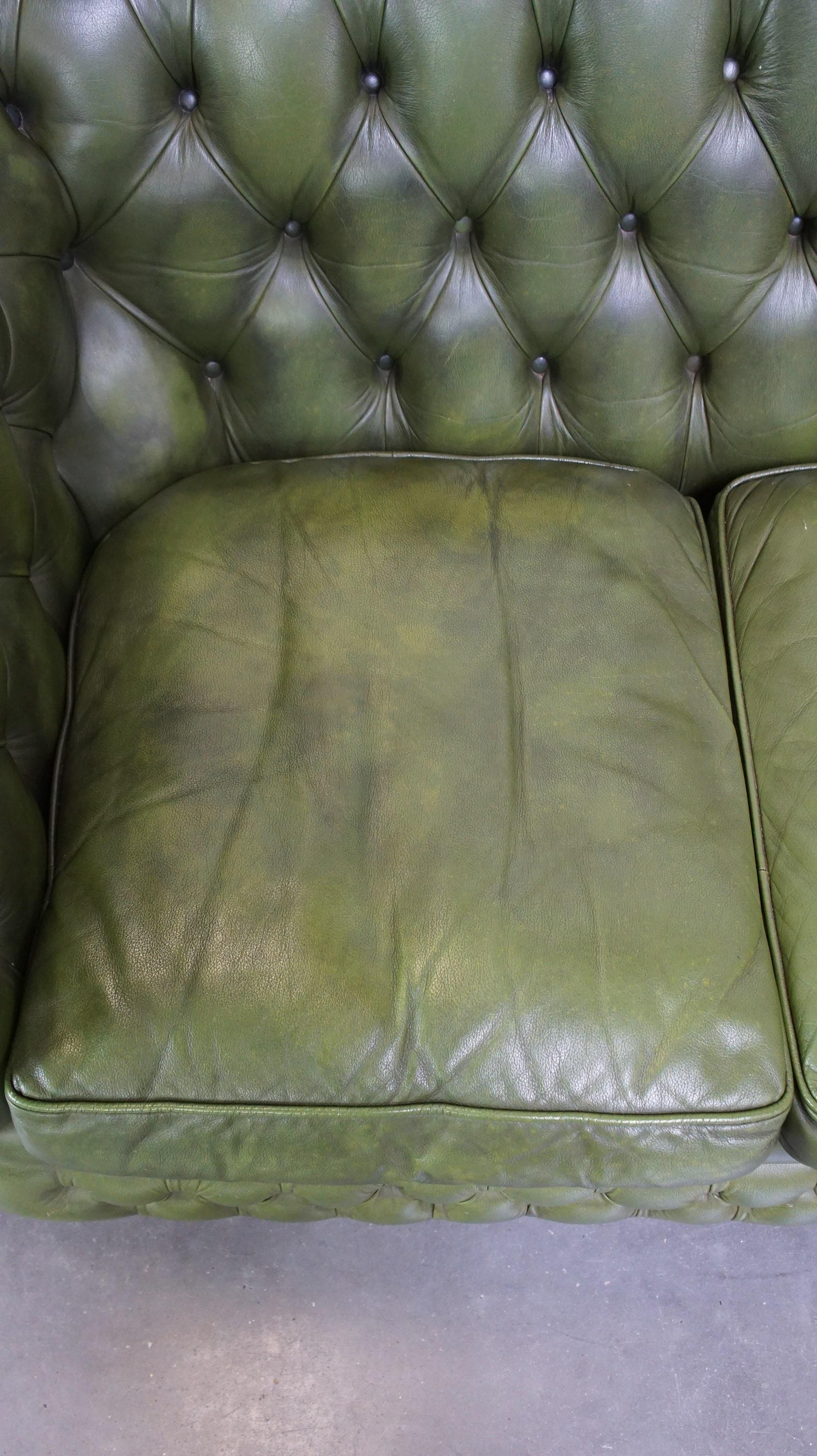 Cowhide Stylish, English green cow leather spacious 2.5 seater chesterfield sofa For Sale