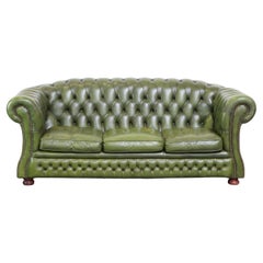 Stylish, English green cow leather spacious 2.5 seater chesterfield sofa