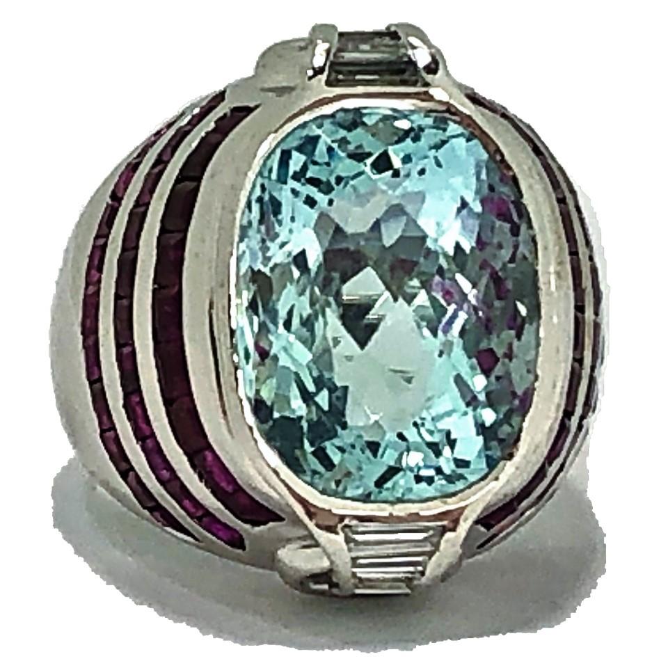 Mixed Cut Stylish Faceted Aquamarine, Ruby and Diamond Ring Set in White Gold