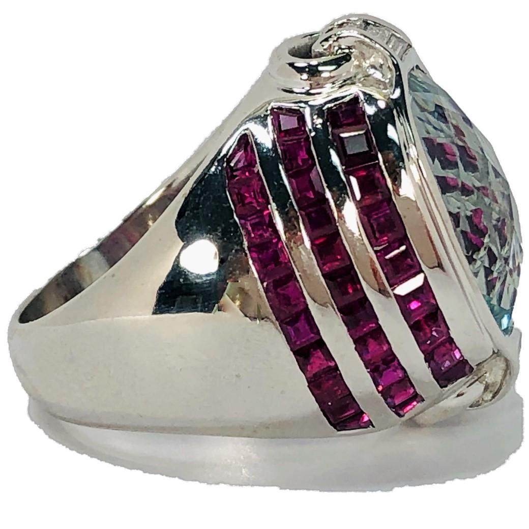 Women's Stylish Faceted Aquamarine, Ruby and Diamond Ring Set in White Gold