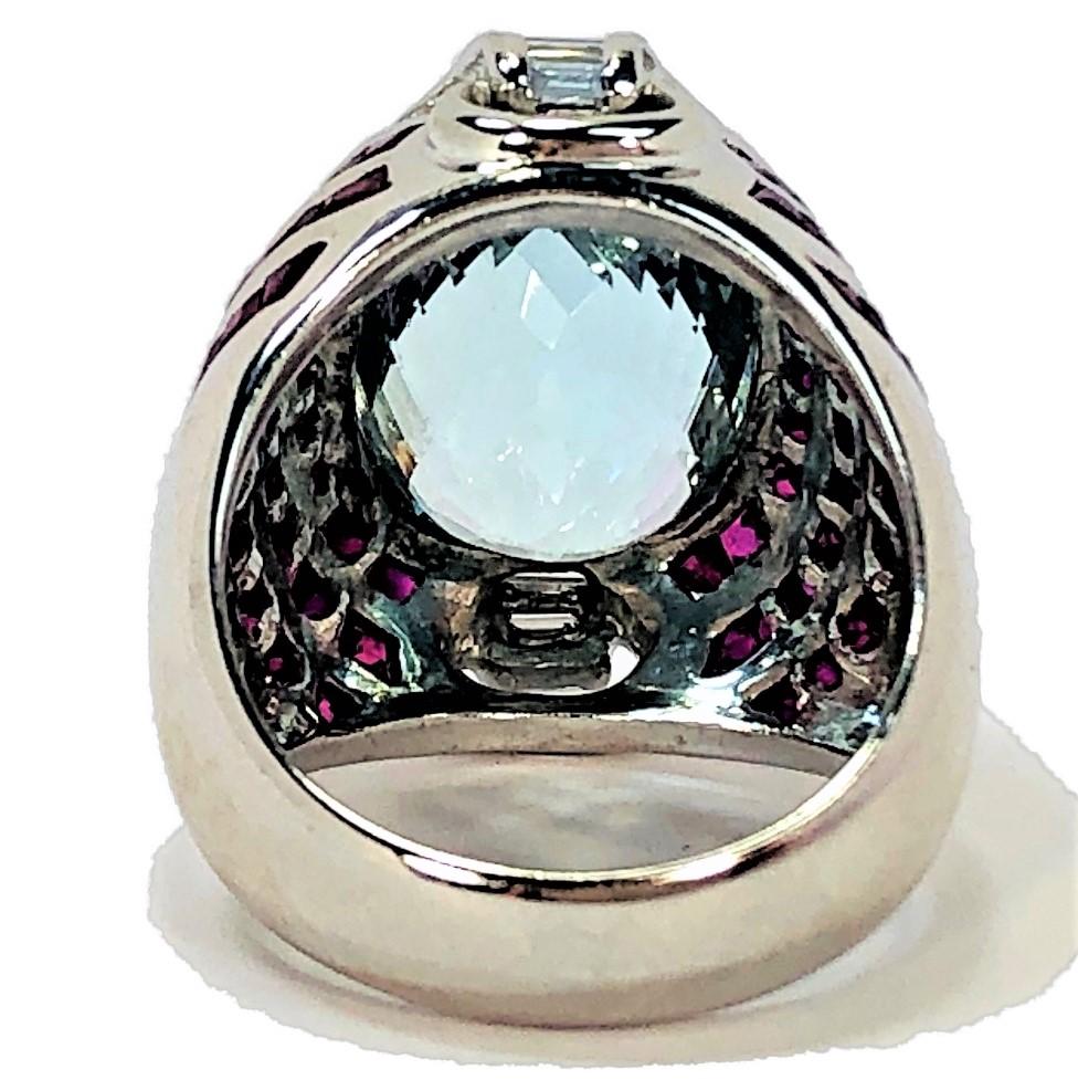 Stylish Faceted Aquamarine, Ruby and Diamond Ring Set in White Gold 1