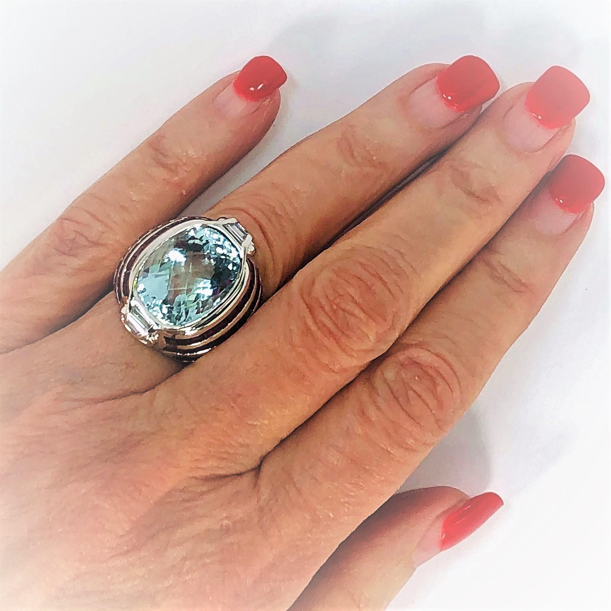 Stylish Faceted Aquamarine, Ruby and Diamond Ring Set in White Gold 2