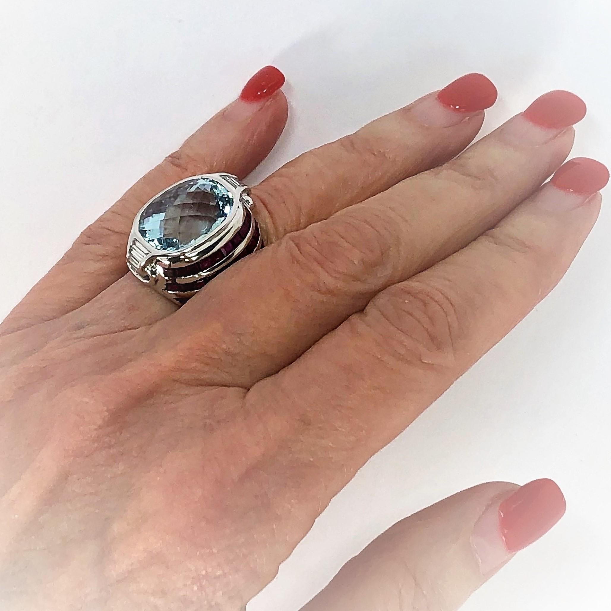 Stylish Faceted Aquamarine, Ruby and Diamond Ring Set in White Gold 3