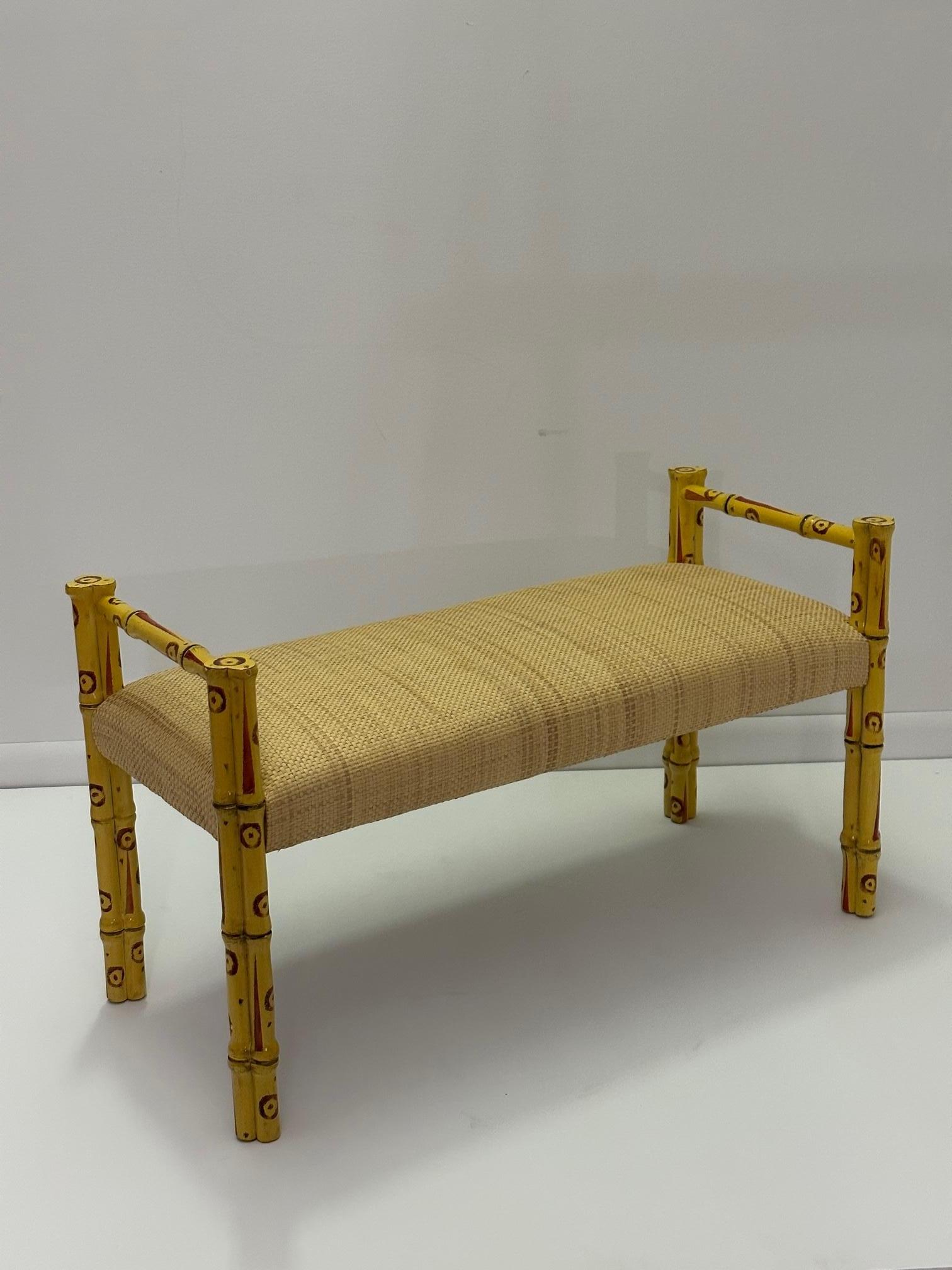 Stylish Faux Bamboo Bench with New Raffia Upholstery In Good Condition For Sale In Hopewell, NJ