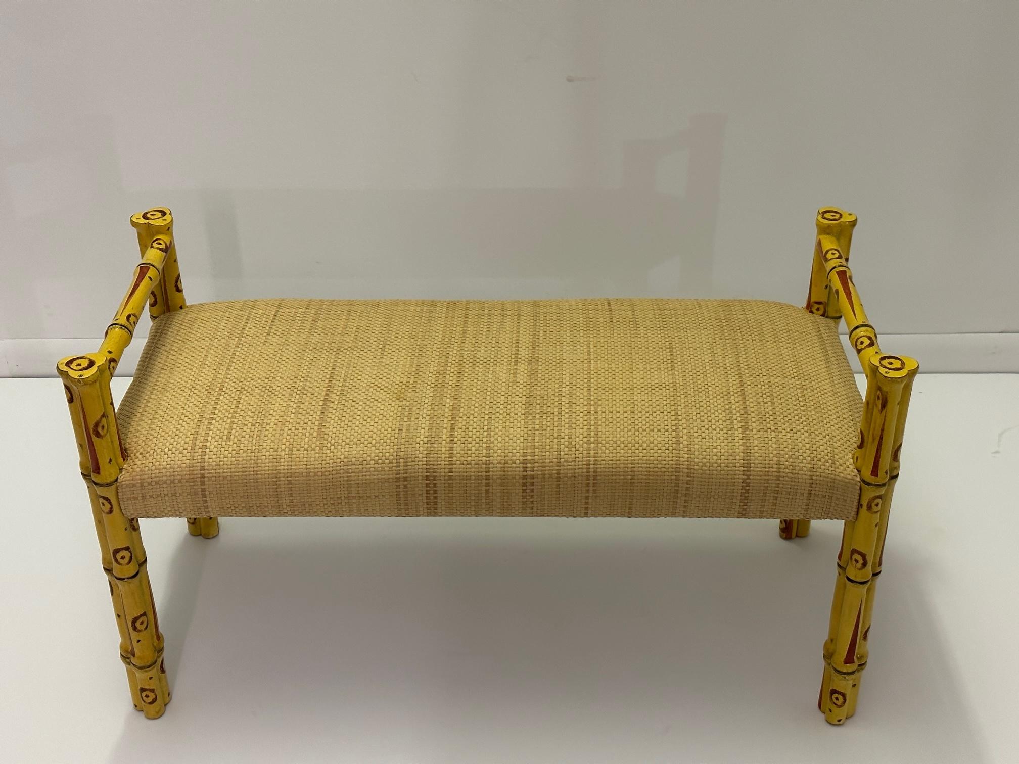 Late 20th Century Stylish Faux Bamboo Bench with New Raffia Upholstery For Sale